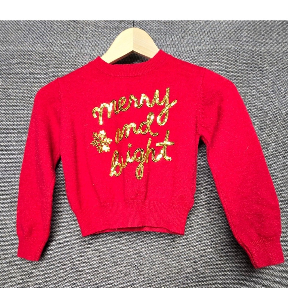 Primark Girls Red Merry and Bright Gold Sequin Holiday Sweater Size 7-8 Years
